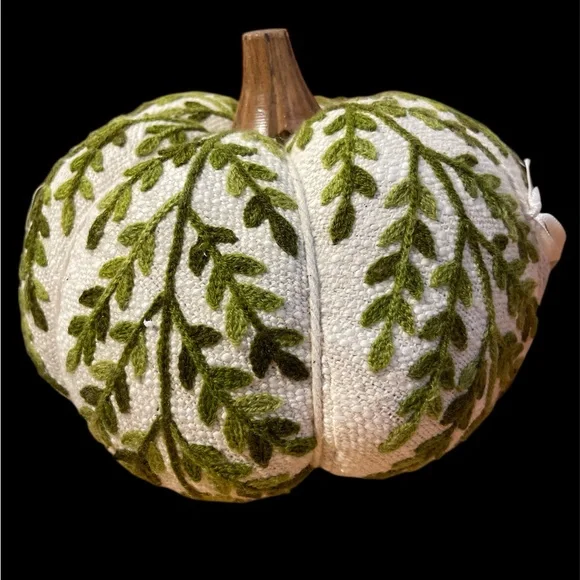Embroidered Small Green and White Fabric Pumpkin - Picture 2 of 10